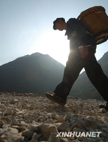 在广西隆林德峨乡常么村,村民顶着烈日背水回家(2月22日摄)。